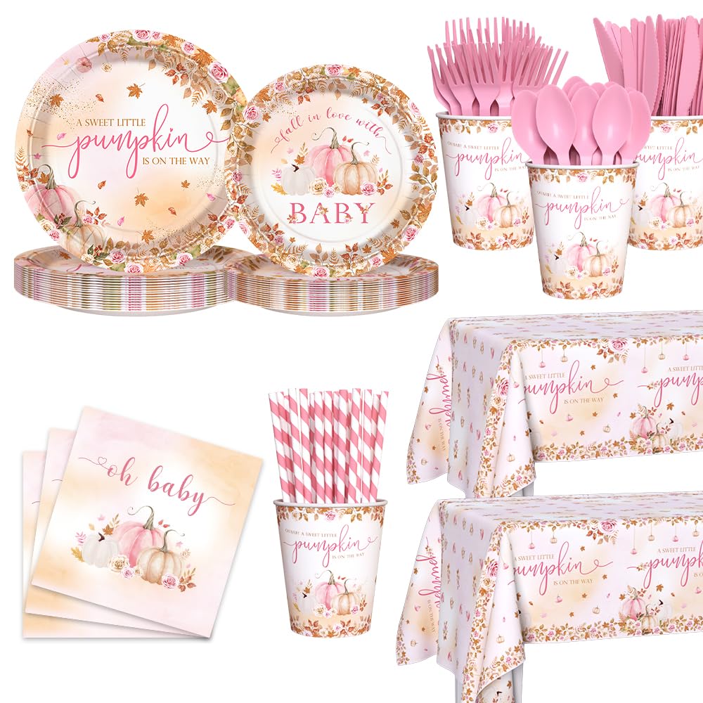 Photo 1 of 194 pcs Pumpkin Baby Shower Decorations Fall Pumpkin Party Plates for Girls A Sweet Little Pumpkin is On the Way Autumn Baby Shower Paper Plates Napkins Disposable Dinnerware Serves 24 Guests