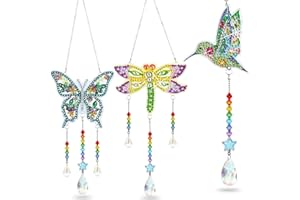 Jetec 3 Pcs Christmas Diamond Art Kits Painting Suncatcher Wind Chime Double Sided Crystal Hanging Ornaments for DIY Crafts Window Home Garden Decor(Dragonfly, Butterfly, Hummingbird)