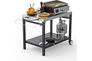 Outdoor Grill Table, Pizza Oven Stand, BBQ Prep with Wheels & Hooks, Stainless Steel Flattop Grill Cart, Movable Dining Grill