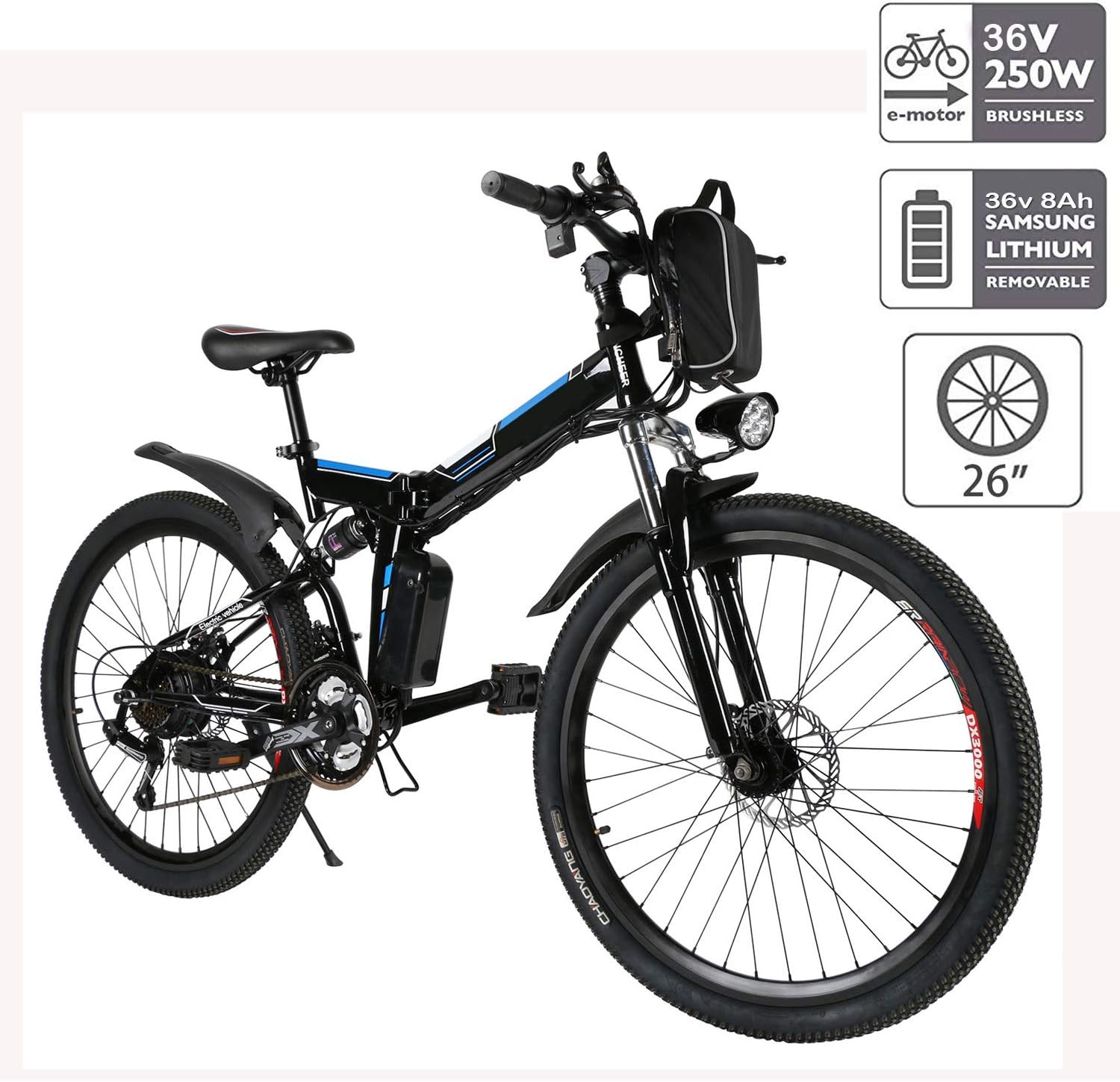 Hiriyt 26'' Electric Mountain Bike with Removable Large Capacity Lithium-Ion Battery (36V 250W), Electric Bike 21 Speed Gear and Three Working Modes