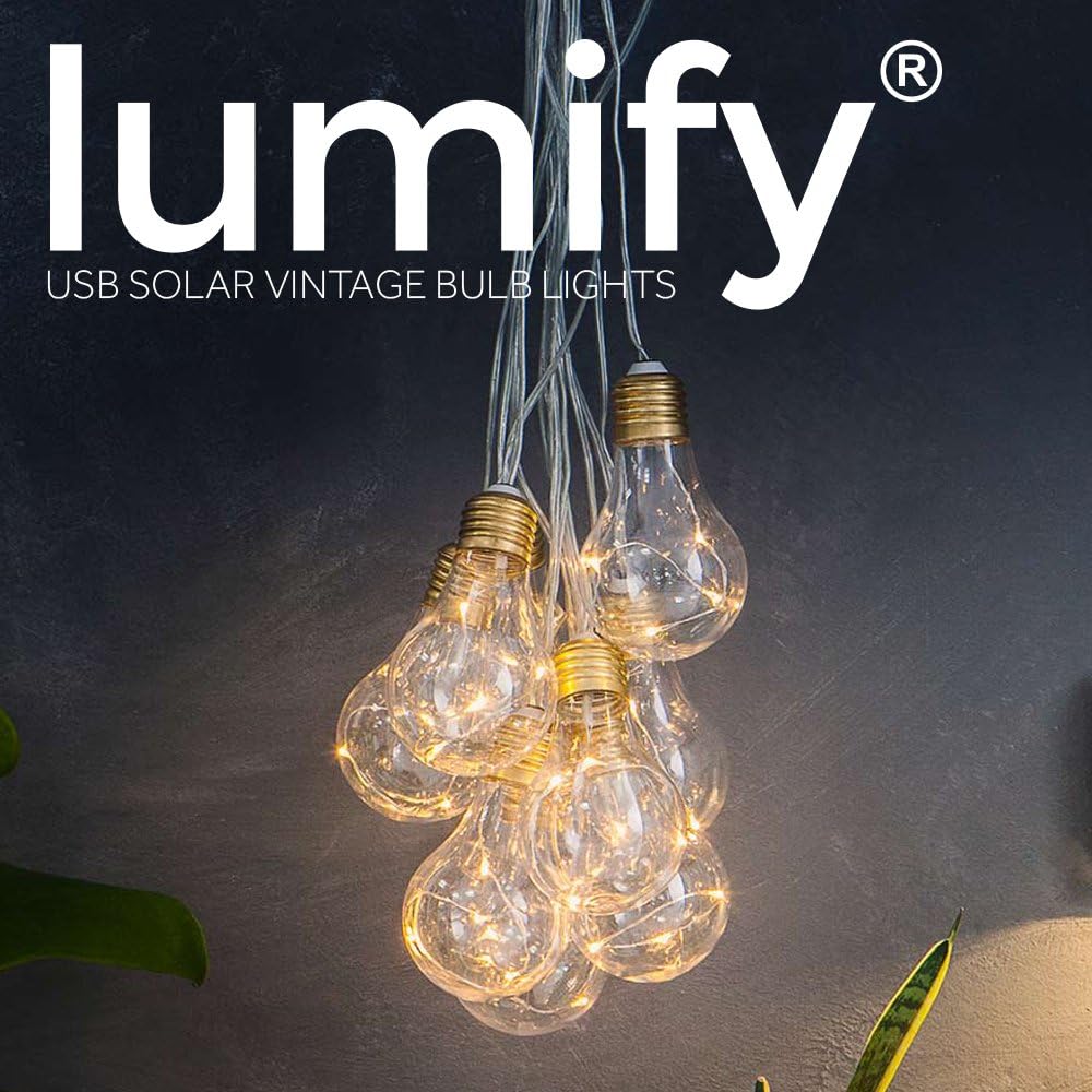 Lumify® USB Chargeable Outdoor Solar Powered Vintage Bulb Lights -10 Bulbs, Warm White 10 Vintage Bulbs, 9.1m