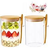 Npmkx Overnight Oats Containers With Lids and Spoons, 2pack Glass Jars with Bamboo Lids, Leak-Proof Overnight Oats Jars for Cereal, Yogurt, Chia Pudding