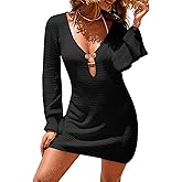 Dokotoo Beach Cover Ups for Women Sexy Deep V Neck Crochet Swimsuit Knit Hollow Out Cover Up Dress Summer Vacation