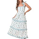 Women Boho Floral Maxi Dress Y2k Sleeveless Tie Shoulder Tiered Ruffle Long Dresses Summer Beach Sundress