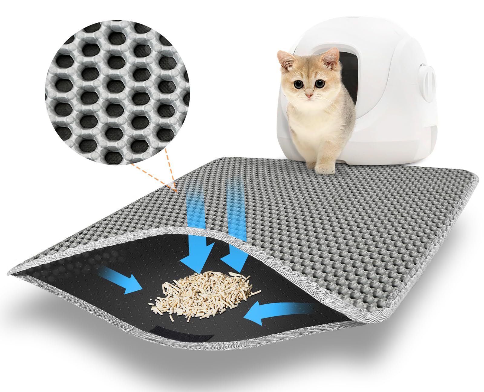 AJOXEL Cat Litter Mat, 60 x 45 cm Big Litter Tray, Double Layer Waterproof Cat Litter Trap, Honeycomb Design, Non-Toxic, Nonslip Grey