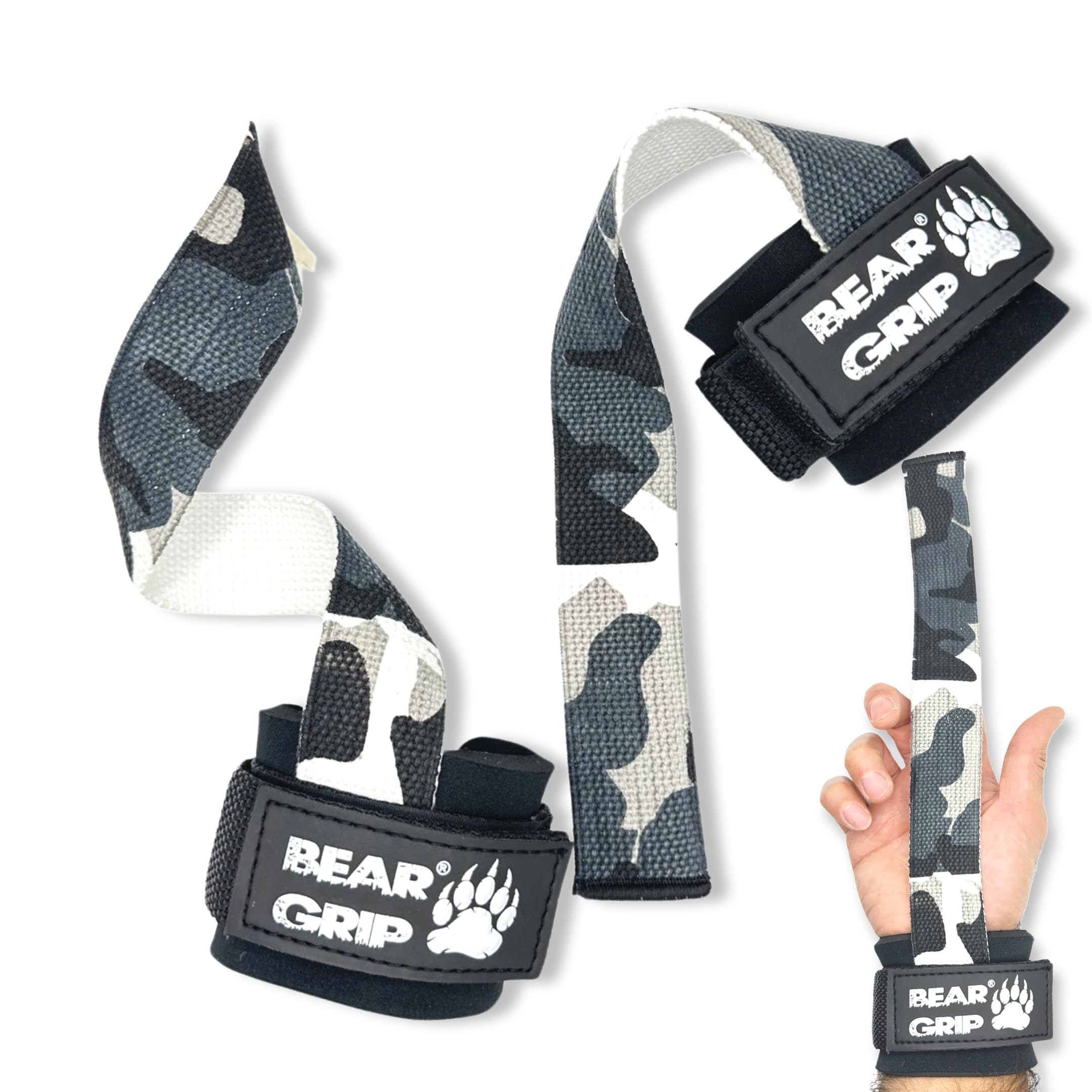 BEAR GRIP Weight Lifting Straps for Weightlifting - Power Straps with Rubber Grip & Neoprene Padding for Deadlifts, Pull Ups & Strength Training – Premium Gym Accessories for Men & Women (GreyCamo)