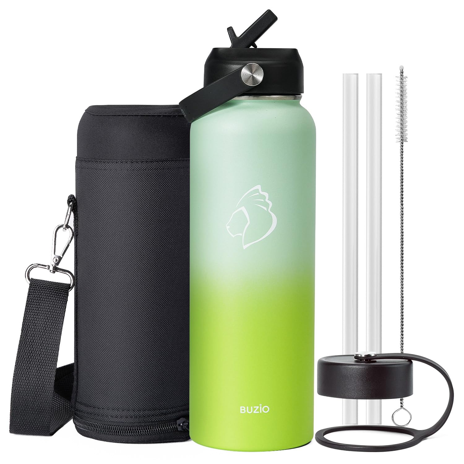 Photo 1 of BUZIO 40oz Insulated Water Bottle, Triple Wall Stainless Steel Water Flask with 2 lids, Leakproof BPA-Free Straw Lid Sports Canteen for Sports Hiking, Cold 48H & Hot 24H- Gradient Green