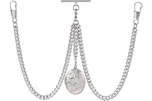 Holy Sins Jewellery Double Albert Silver Pocket Watch Chain with Floral Locket Pendant – Adjustable Length, Handmade in the UK