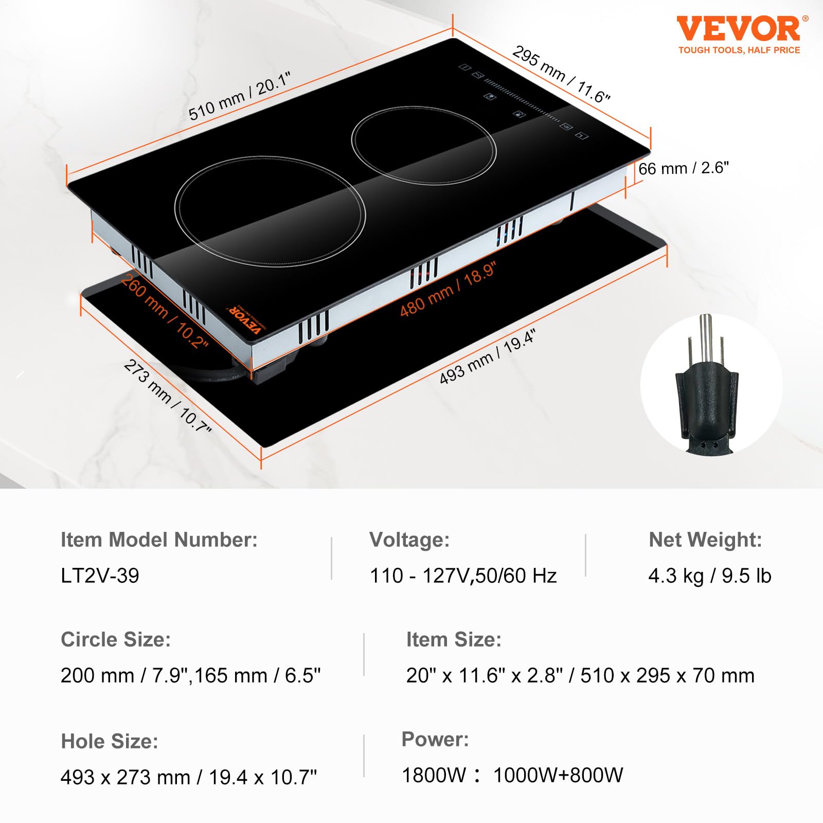 VEVOR LT2V-39 Built in Electric Stove Top Glass Radiant Cooktop with Touch Control, Black