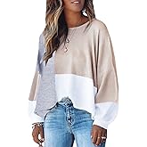 ECOWISH Women Sweater Long Sleeve Color Block Knit Pullover Sweaters Crew Neck Patchwork Casual Loose Jumper Tops