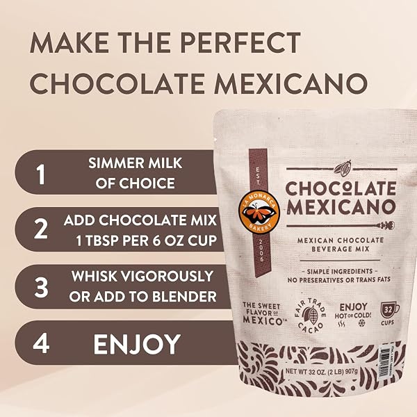 MEXICAN HOT CHOCOLATE, 32 OUNCE (2LB), AUTHENTIC MEXICAN STYLE HOT CHOCOLATE MIX WITH ORGANIC CACAO BEANS AND CINNAMON BY LA MONARCA BAKERY
