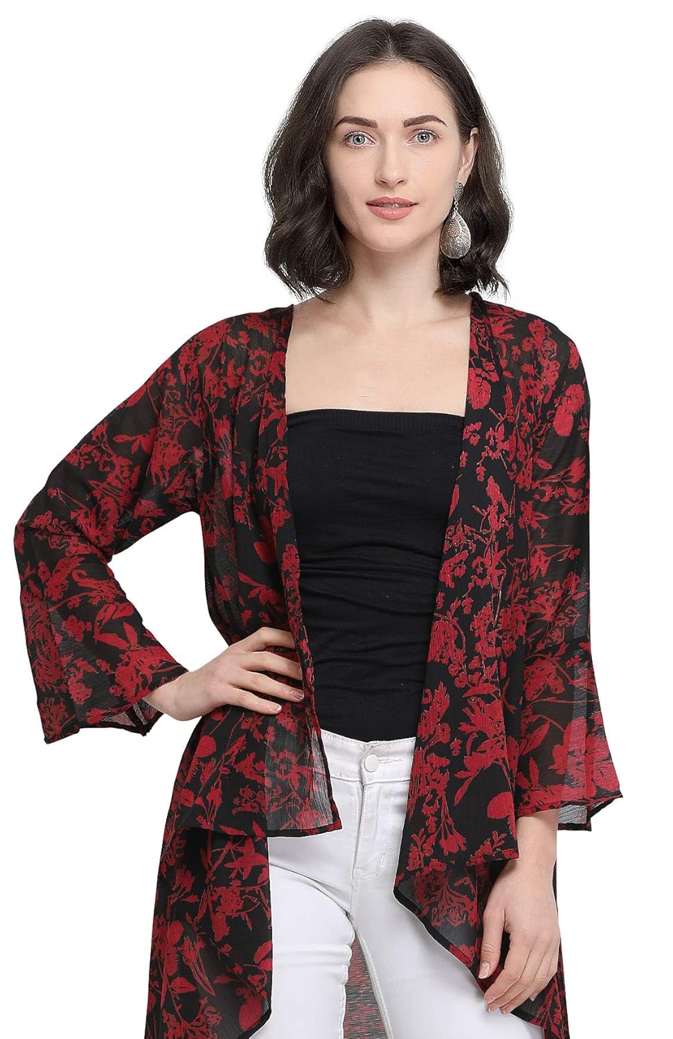 serein women's red & black floral georgette shrug/long jacket with 3/4th sleeves