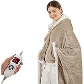 COZYTY Heated Blanket Wearable Shawl Electric Throw, Heated Wrap with Pockets, Poncho Blanket Hoodie for Adult, 6 Heat Settings & 1-4H Timer Auto Off, Gift, 50 * 64", Light Beige & Linen