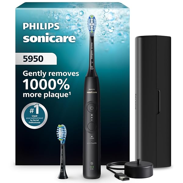 PHILIPS SONICARE 5950 SERIES ELECTRIC TOOTHBRUSH, WITH PRESSURE SENSOR, FOR SENSITIVE GUMS, 6 BRUSHING SETTINGS, SMARTIMER, BRUSHPACER, 21-DAY RUNTIME, TRAVEL CASE, BLACK, HX7131/03