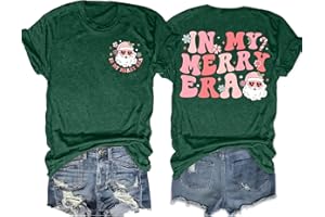 QAUN Christmas Shirt for Women:in My Merry Ara Christmas Shirts Santa Claus Print Shirt Cute Xmas T-Shirt