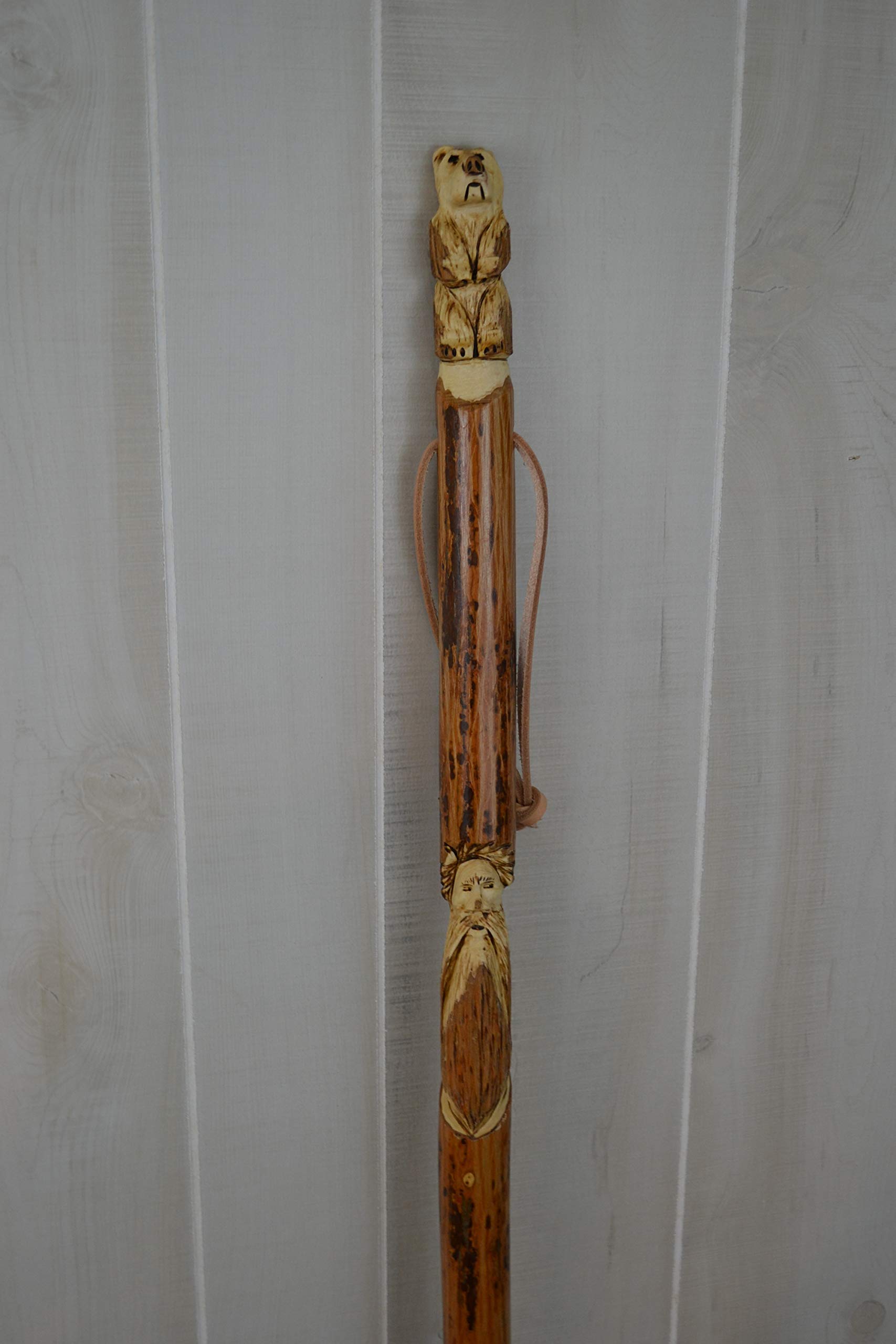 Handmade Walking Stick Carving of Bear and Mountain Man, 60" Hand Carved Hiking Staff in Hardwood by Creation Carvings