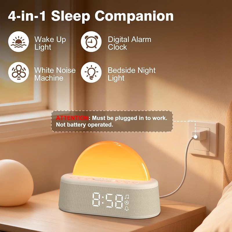 Tageslichtwecker, Lichtwecker Sonnenaufgang Wecker mit Licht, Wecker Digital mit Alarme und Snooze, White Noise Machine mit 30 Weißes Rauschen,Nachttischlampe mit 20 Helligkeit,8 Farblicht,Sleep Timer