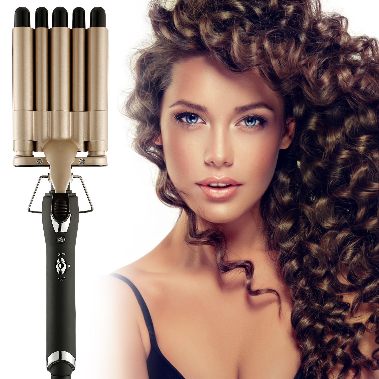 Photo 1 of 5 Barrel Curling Iron Wand - Ceramic Tourmaline, Fast Heating, Temperature Adjustable, Portable Hair Waver Crimper (Champagne)