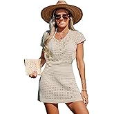 CUPSHE Women Crochet Swim Cover Up Short Sleeve V Neck Bathing Suit Beach Dress Summer Swimwear Coverups
