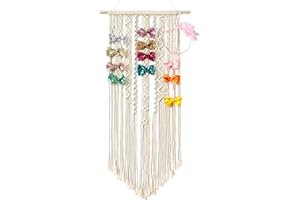 Mkono Macrame Bow Holder Hanging Hair Bow Organizer for Girls Hair Bows,Boho Wall Hair Clips Headband Storage Hanger for Baby Toddler Girls Room, Ivory (Clips and Other Props Not Included)