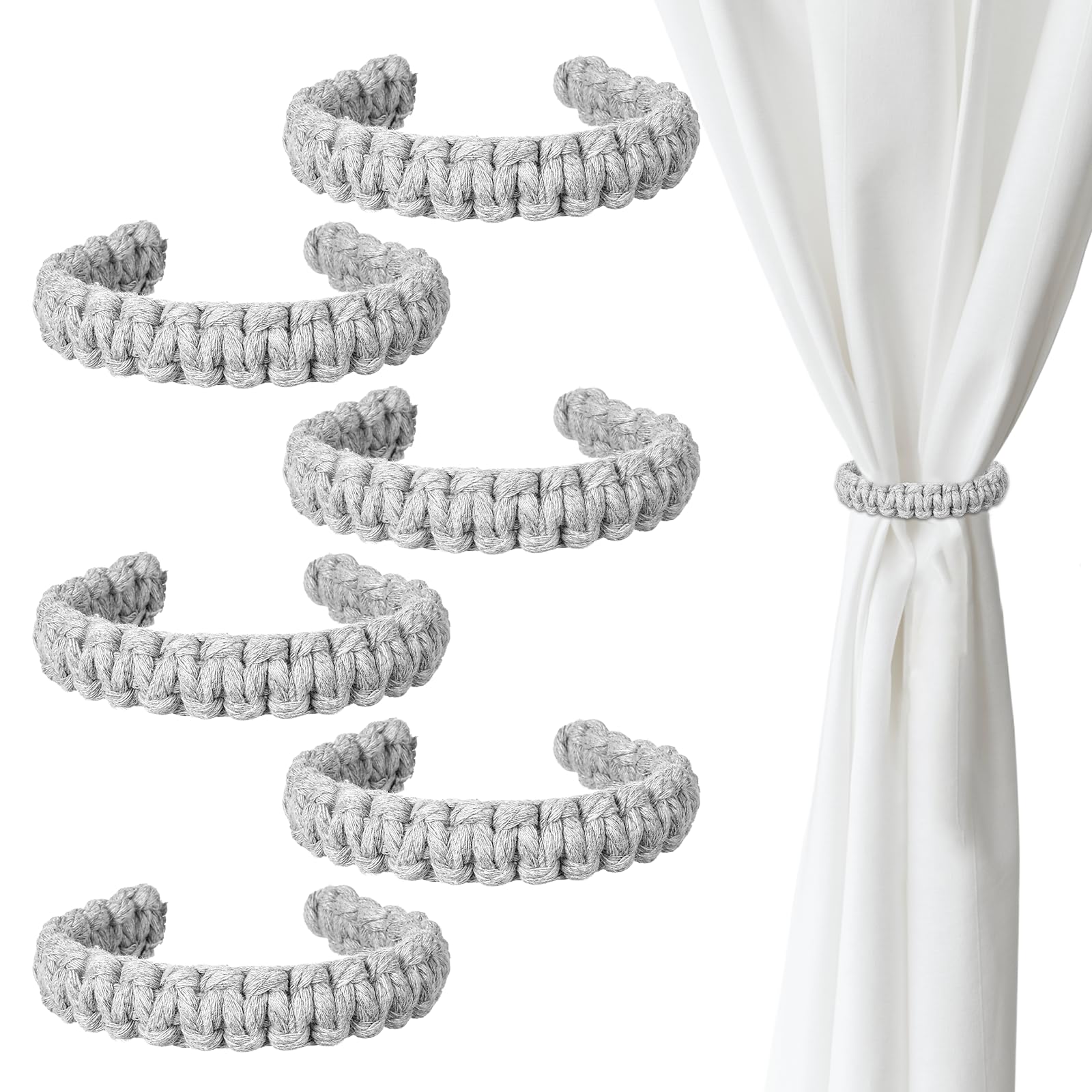 Ptwola 6 Pack Braided Curtain Tiebacks Boho Elegant Rustic Curtain Holdbacks Tie Backs Holders Set Simple Light Weight Drapes Decorative Accessories Handmade for Home Office Bedroom Window (6, Gray)