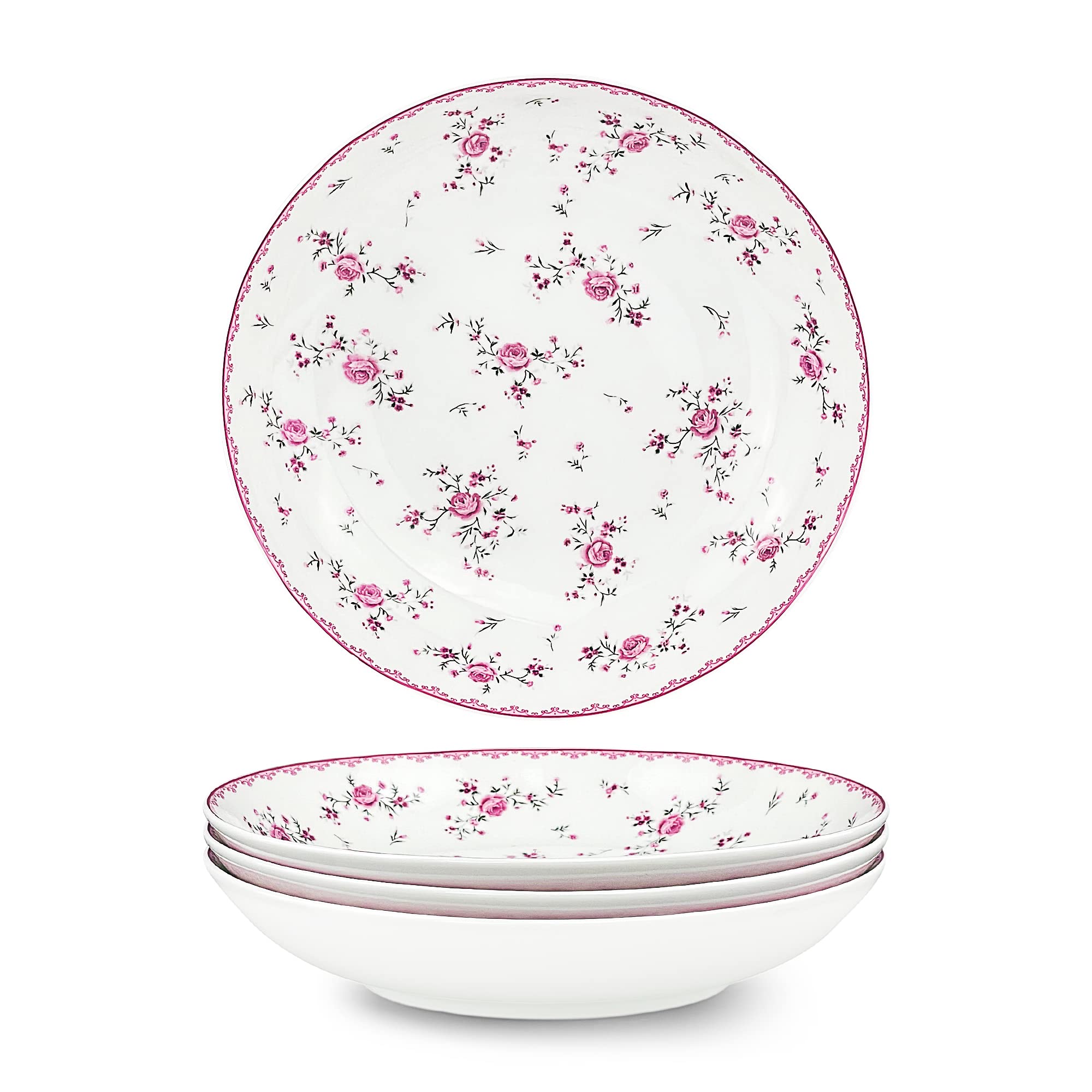 fanquare 20 cm Porcelain Salad Plates, 4 Pieces English Royal Dessert Plates, Pasta Bowls Pink Flowers