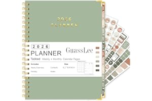 GuassLee 2026 Planner - Hardcover Daily Planner from Jan. 2026-Dec. 2026 - A5 Weekly & Monthly Calendar Agenda Organizer Book with Stickers, Back Pocket, Coated Tabs - 6.1"x 8.4", Light Green