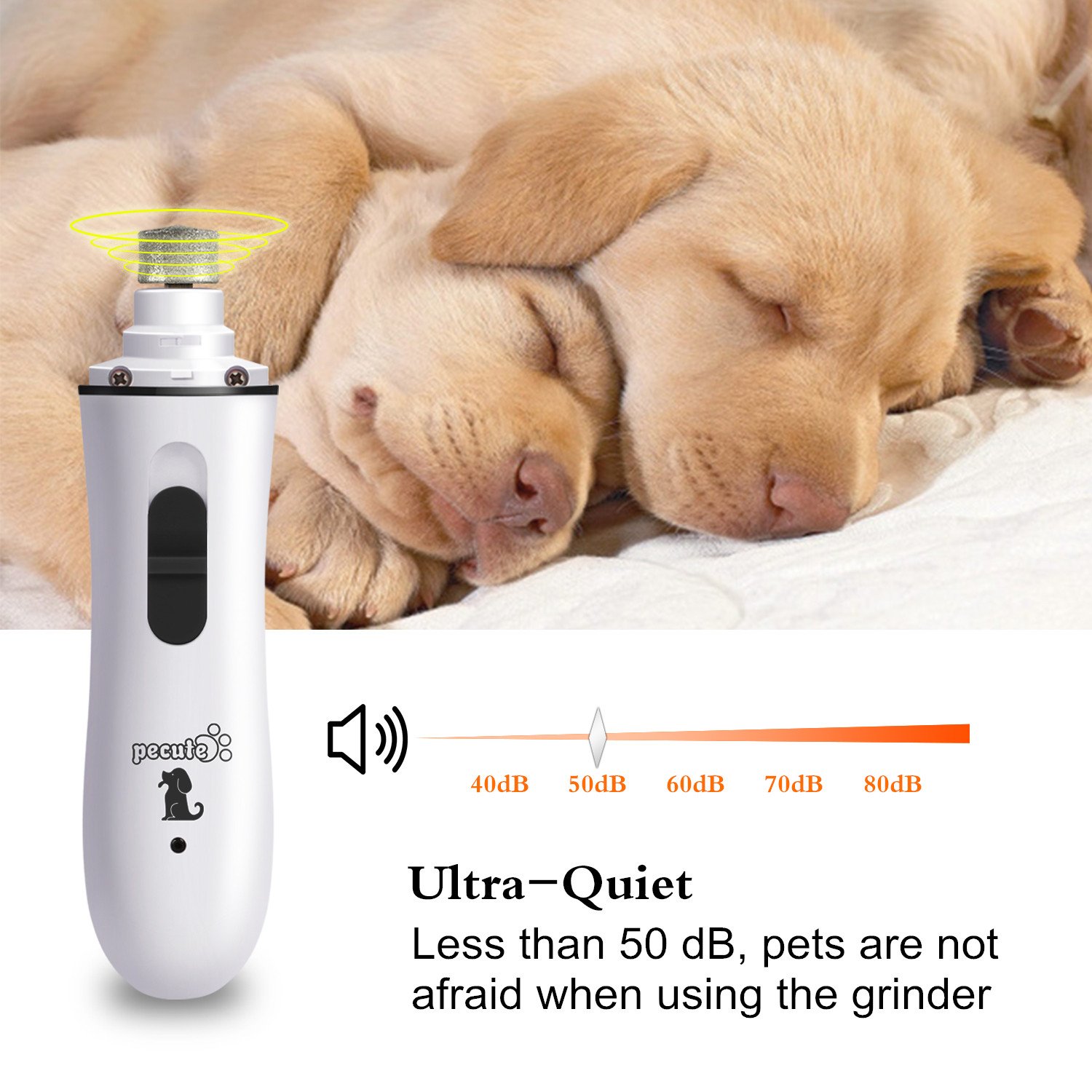Pecute Lima de Uñas Eléctrica para Mascotas, Amoladora del Clavo Recargable y de Bajo Ruido para Perros y Gatos, Dos Grados Velocidad Variable con Cable USB