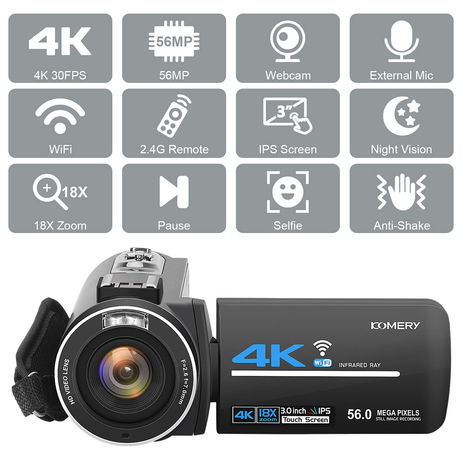 KOMERY Camcorders Video Camera 4K 56MP UHD for YouTube with External Mic with 32G SD Card 2.4G Remote IR Night Vision, 18X Digital Zoom WiFi
