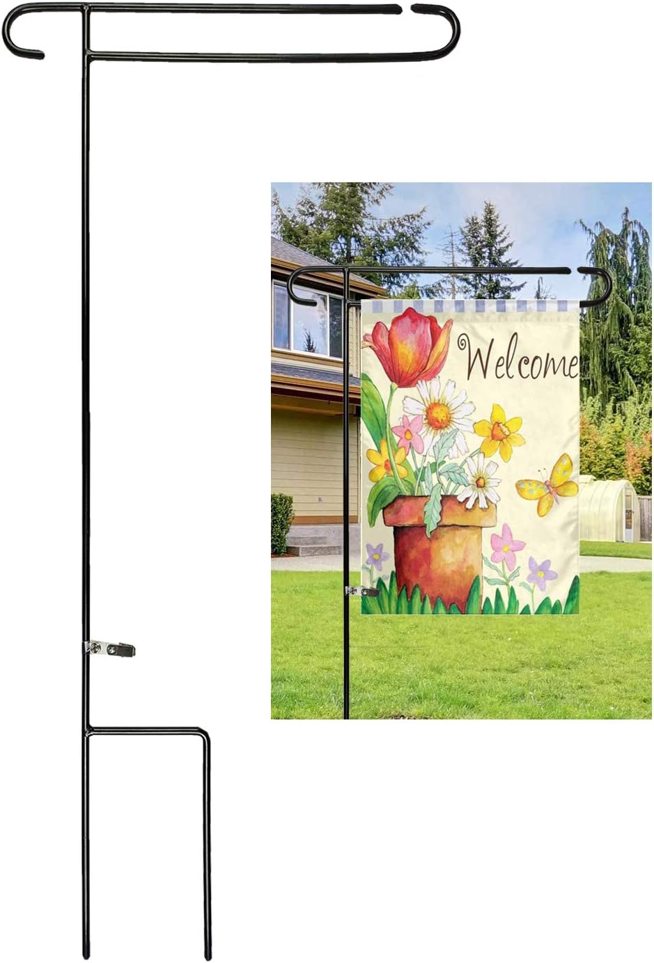 Luckupper Garden Flag Holder Stand One-Piece Heavy Duty Metal Yard Flag Pole for Outdoor Decorative Flags 12.5 X 18 Prime with Free Clip,Black