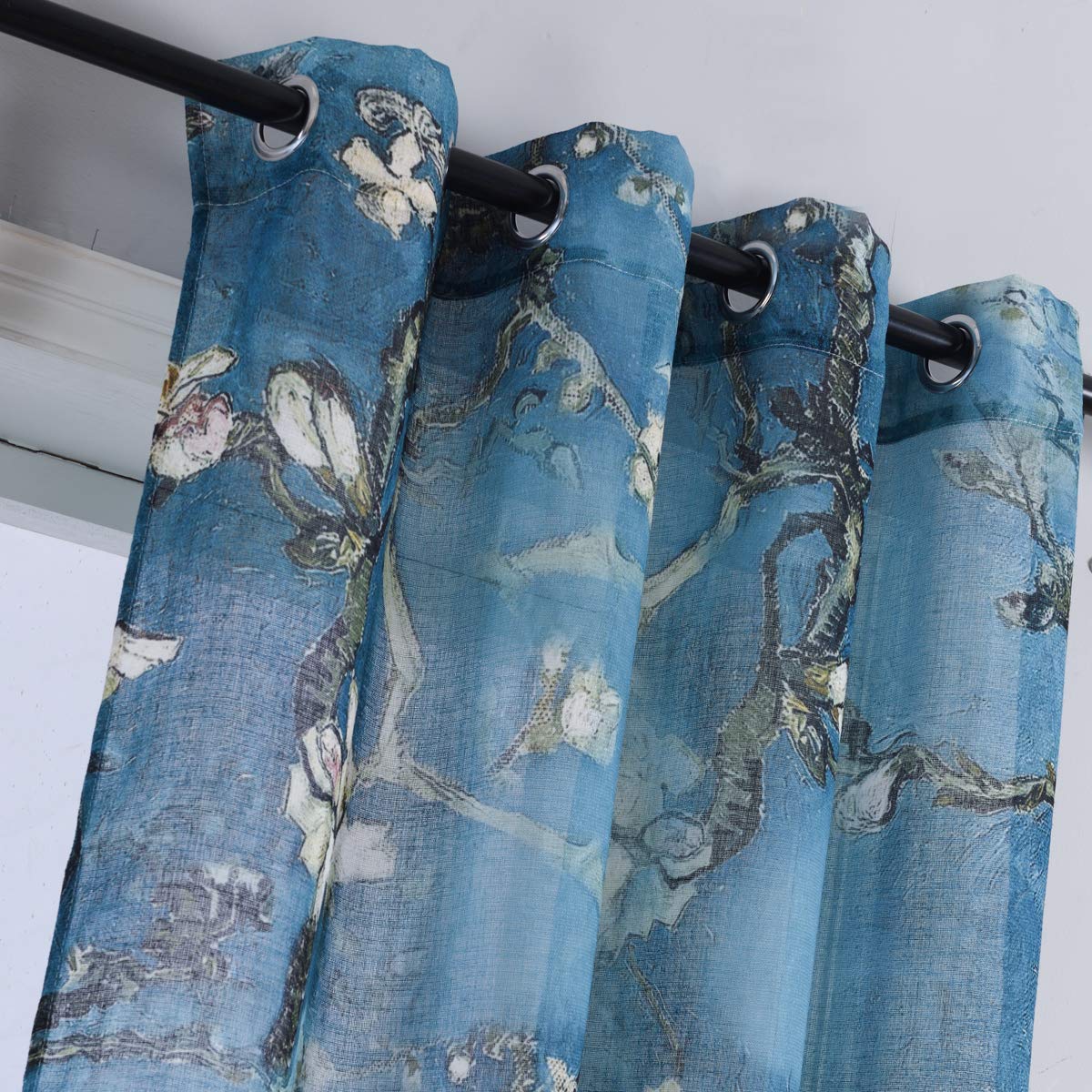 Taisier Home Apricot Blossom Sheer Curtains Printed,Vintage Blue Curtain Drapes for Bedroom/Nursery Elegant Decorative Curtains 2 Panels Set,Ring Top Style Print Drapes,52" W×63”L