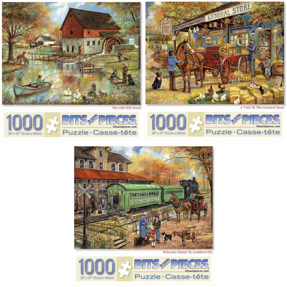 Bits and Pieces - Value Set of Three (3) 1000 Piece Jigsaw Puzzles for Adults - Each Puzzle Measures 20" x 27" - The Old Mill Pond, General Store, Lambertville Jigsaws by Artist Ruane Manning