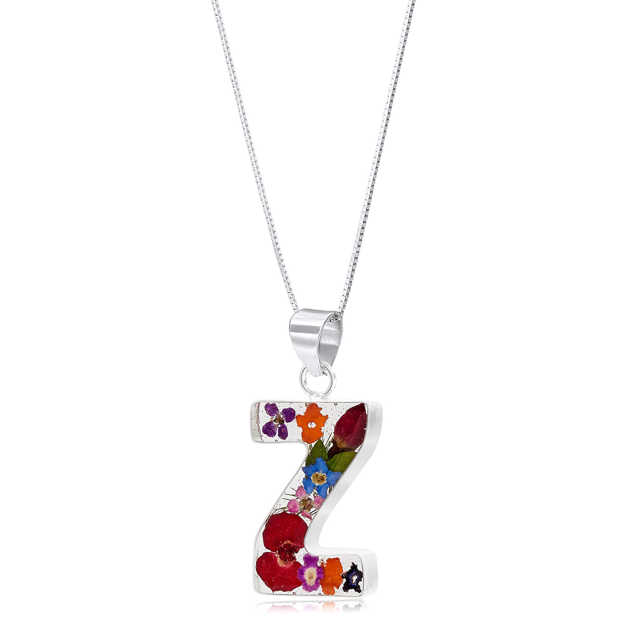 Shrieking Violet 925 Sterling Silver Letter Real Flower Initial Pendant Necklace - Assorted Flowers (Multicolour)