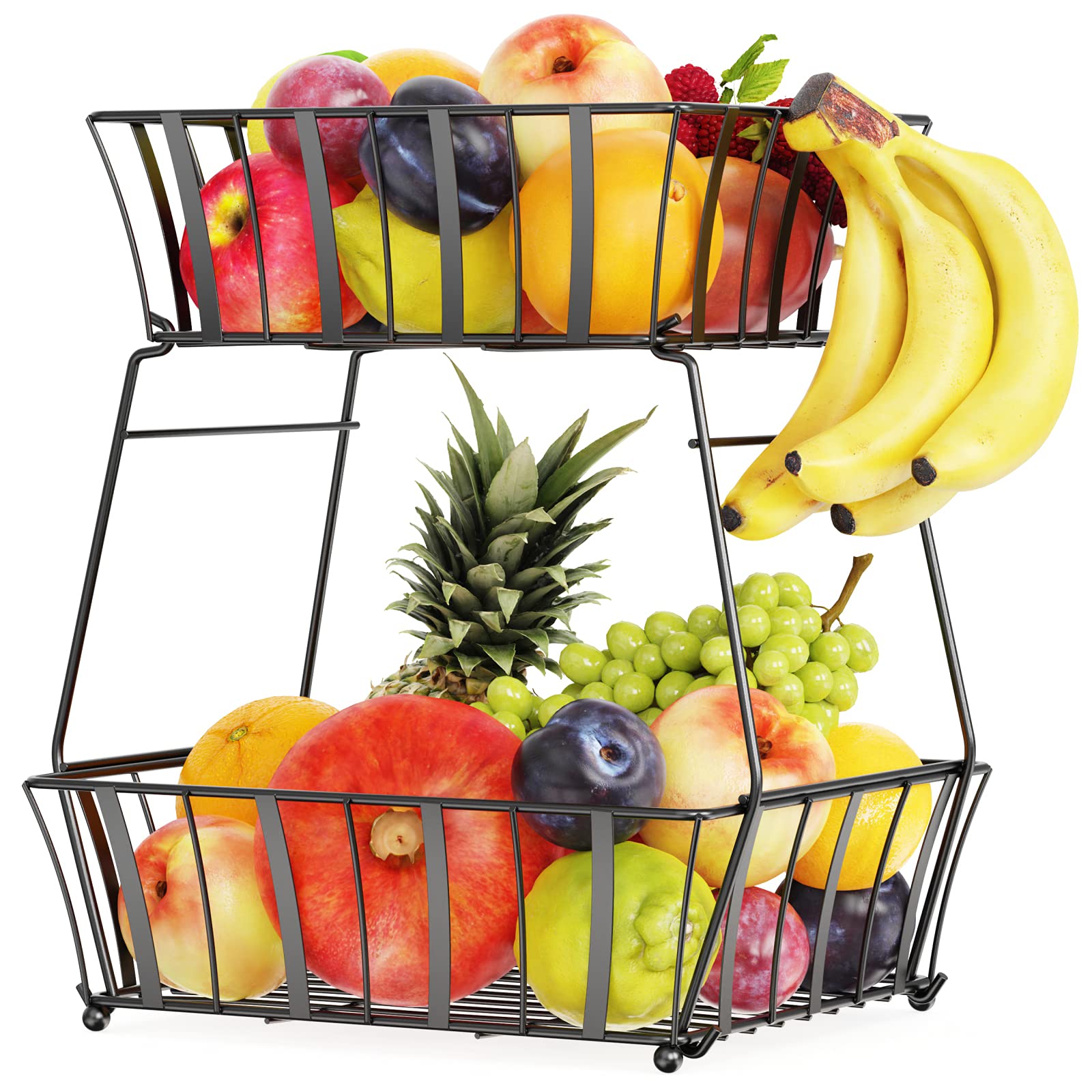 Fruit Basket - Swedecor 2 Tier Countertop Fruit Bowl Storage, Detachable Rectangular Wire Basket Stand With Banana Hanger, Bread Vegetables Organizer for Kitchen, Large Black