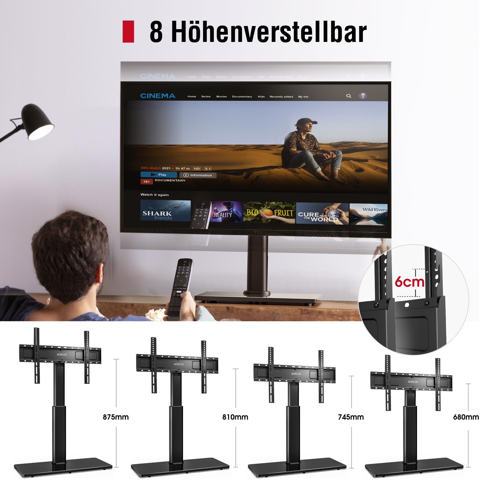AOKCOS TV Standfuss TV Ständer Höhe 1130mm für 43-75 85 Zoll Fernseher, Neigbar Schwenkbar Höhenverstellbar Fernsehständer, Universal TV Standfüße Standfuss Max VESA 600x400mm 50KG (Schwarz) 4