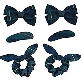 6pcs Uniform Hair Accessories for Girls, 2 Back to School Bows Clip 2 Plaid Bunny Ear Bowknot Scrunchies 2 Snap Barrettes Long Tail Hair Bow Set for Toddler Little Girl (Dark Green, Navy, Yellow, Red)
