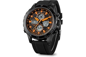 PINDOWS Watches for Men, Men's Waterproof Analog Digital Sport Watches Multifunctional Heavy Duty Outdoor Watch with LED Backlight, Alarm Stopwatch Calendar, Silicone Band.