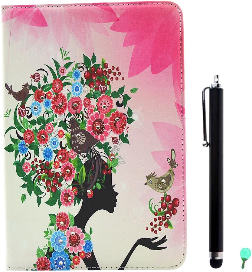 PU Leather Case for Samsung Galaxy Tab A 8.0 SM-T350, Aohro Bling Glitter Beautiful Flowers Series Diamond Folio Flip Stand Cover + Stylus Pen + Dust Plug - Colorful Flower Fairy