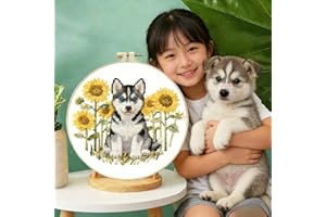 Husky Embroidery Kit: Dog Pattern Stamped Cross Stitch Kit - Poly-Cotton Fabric Needlepoint Starter Set - DIY Pet Lover Gift 