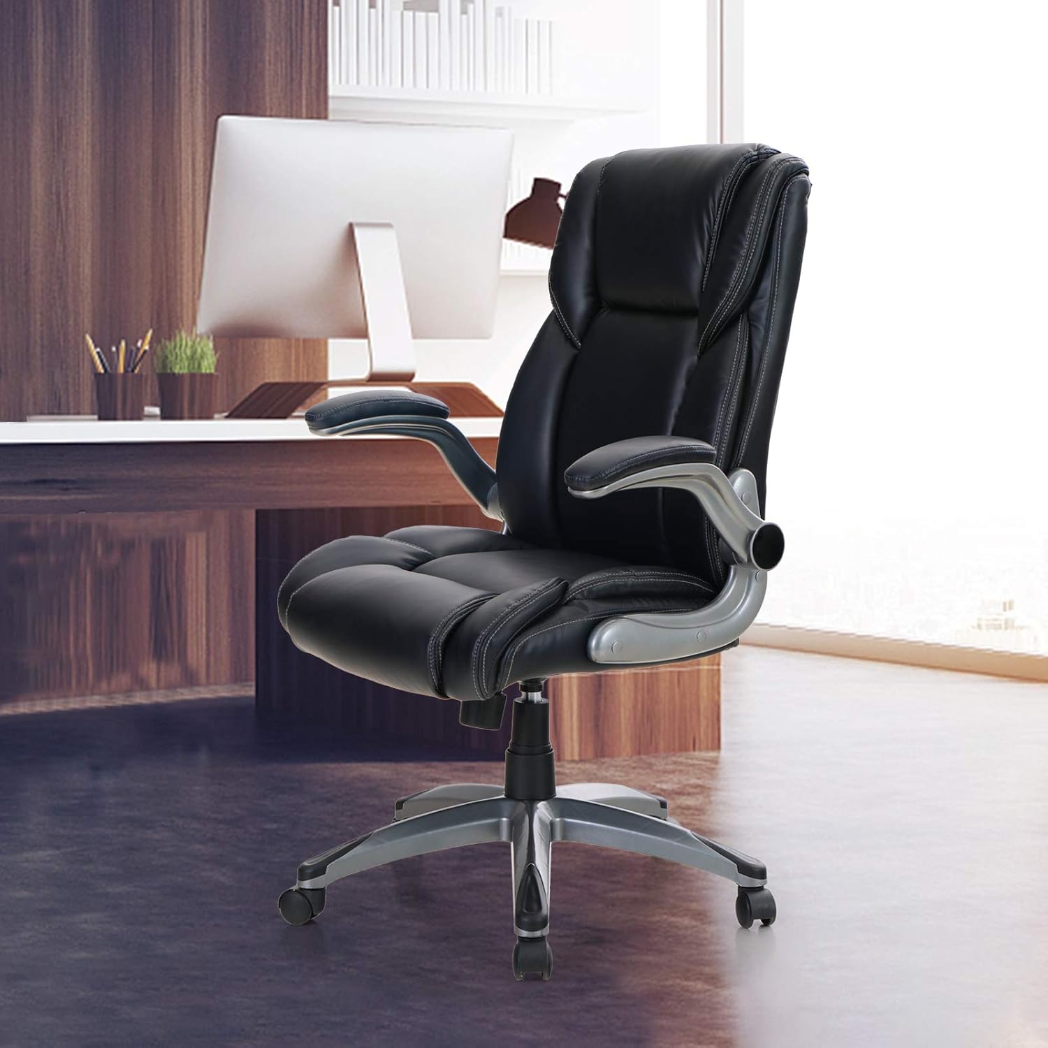 ALPHA HOME High Back Executive Chair Ergonomic Office Chair Managerial Computer Desk Chair Flip Up Armrest Big Tall Adjustable Height PU Leather Task Chair Rolling Swivel Chair-Capacity 400LBS: Kitchen & Dining