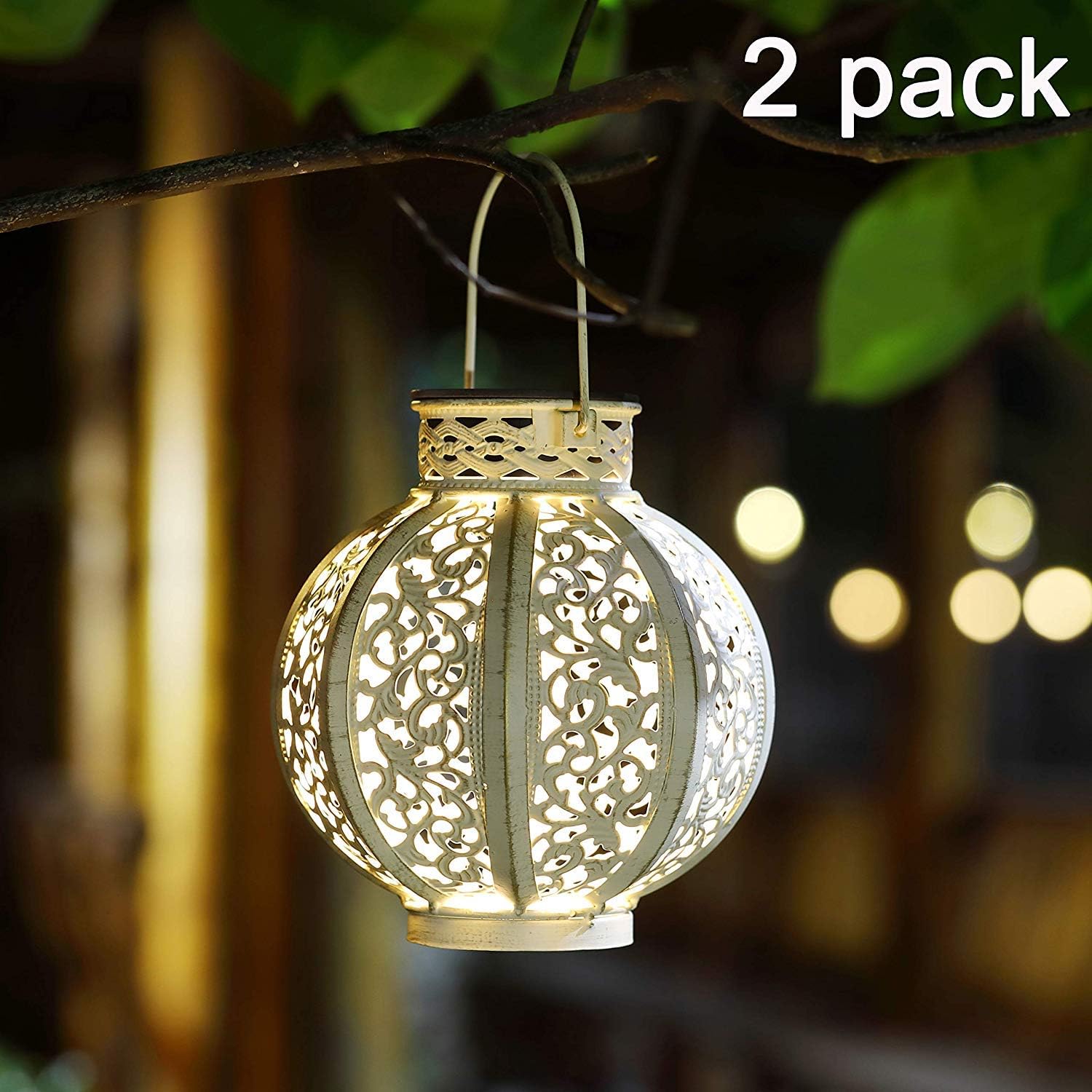 MAGGIFT 2 Pack Hanging Solar Lights Outdoor Solar Lights Retro Hanging Solar Lantern with Handle, 6 Lumens, White : Garden & Outdoor