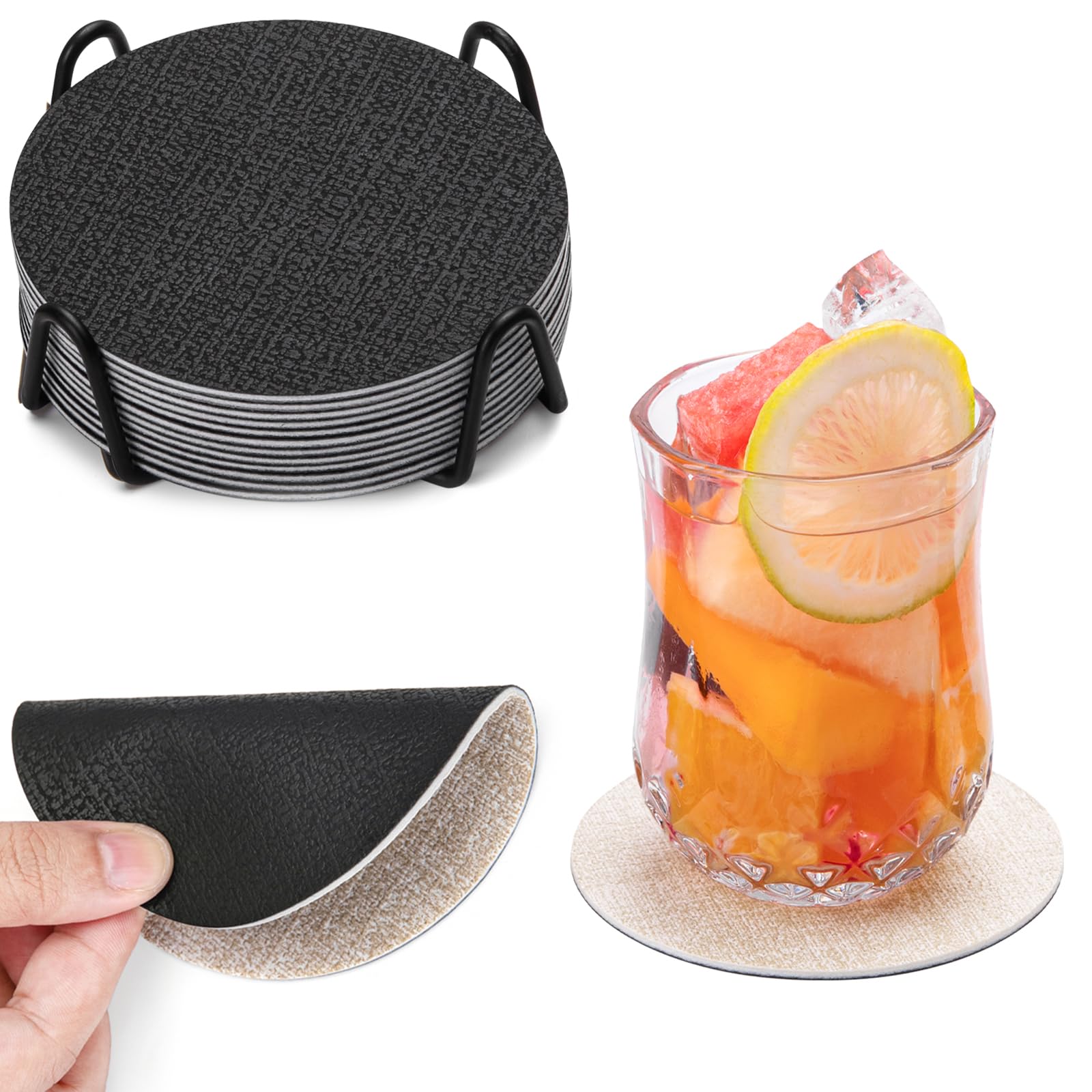 Chitomars Coasters, Dual Sided Faux Leather Coaster for Drinks Mug Coaster Non Slip Anti-Heat Washable Cup Pad Mats Home and Outdoor Coffee Beer Glass Bottle Bar (Blakc Linen, Round)