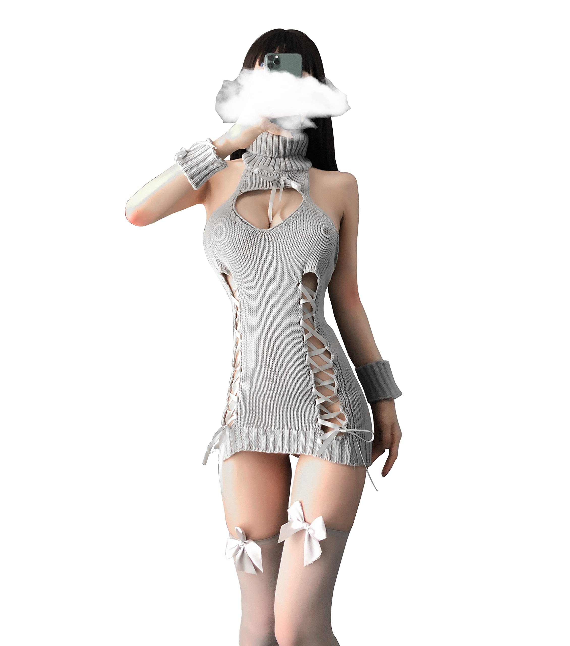 SINMIUANIME Women's Cosplay Lingerie Turtleneck Sleeveless Knitted Bandage Anime One-piece Sweater Vest Top, Gray, One Size