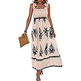 PRETTYGARDEN Womens Summer Boho Maxi Dress 2026 Casual Sleeveless Square Neck Floral Aline Smocked Beach Dresses with Pockets