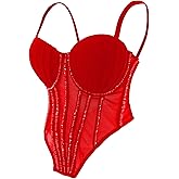 ELLACCI Women Beaded Trim Mesh Corset Bodysuit Pleated Padded Cups Bustier Top Red