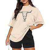 SANIXJOO Western Outfit for Women Boho Cow Skull Graphic Tees Country Concert Short Sleeve Outfits