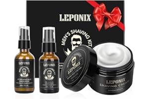 LEPONIX Mens Shaving Kit - Sandalwood Shaving Cream, After Shave Lotion & Pre Shave Oil - Fights Razor Burn, Nicks & Cuts - Luxury Grooming Essentials for Men - Secret Santa Gift Set Stocking Stuffers