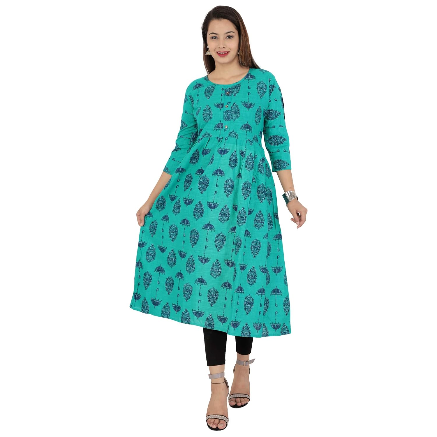 scion women's rama green printed cotton slub anarkali kurti for women