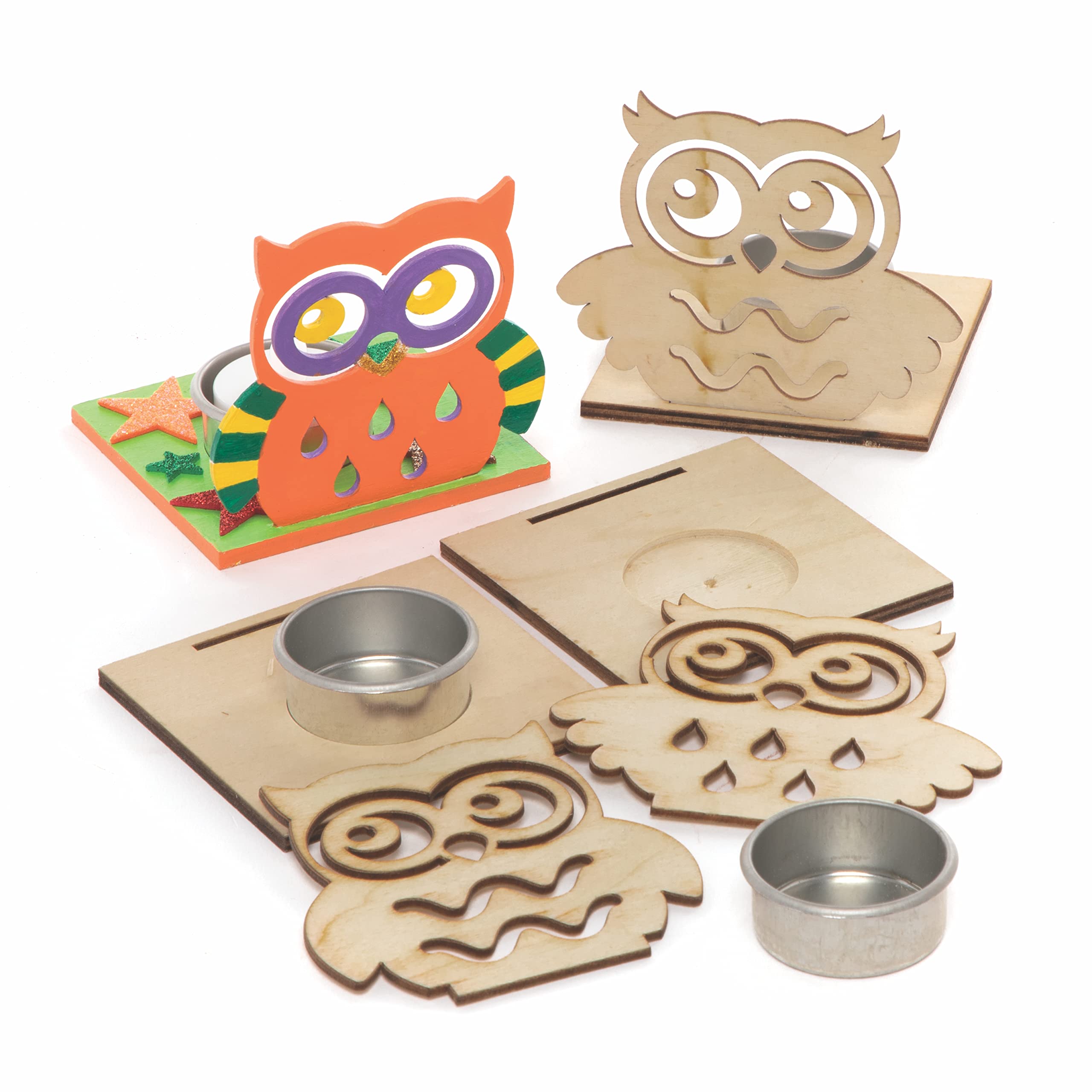 Baker Ross FE642 Owl Wooden Tealight Kits - Pack of 4, Tealight Holder to Decorate and Display, Wooden Crafts for Children, Ideal Kids Arts and Crafts Project