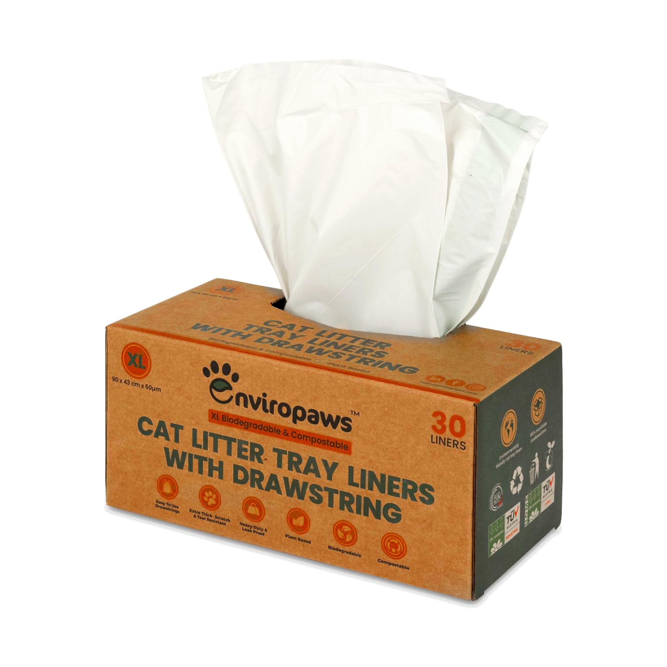Enviropaws 30 XL Cat Litter Tray Liners | Biodegradable & Compostable | Improved Quality | With Drawstrings | Extra Large | Leak Proof | Cat Litter Bags for Large Litter Boxes | 90x43cm | 2 Mil Thick